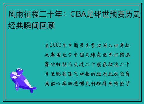 风雨征程二十年：CBA足球世预赛历史经典瞬间回顾