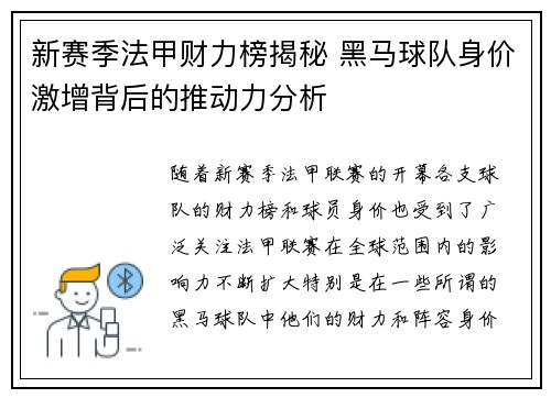 新赛季法甲财力榜揭秘 黑马球队身价激增背后的推动力分析