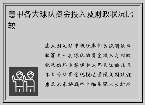 意甲各大球队资金投入及财政状况比较